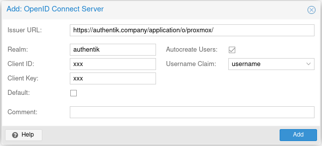 Proxmox Add OpenID Connect Server Dialog